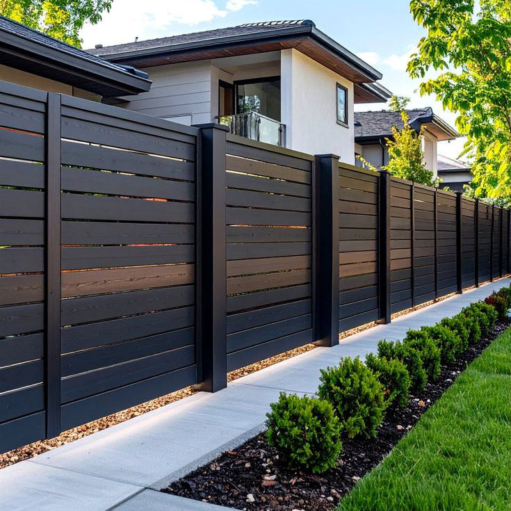 Clôture aluminium lames horizontales gris anthracite le long d'une allée de jardin Image